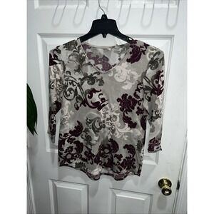 Chicos Floral Maroon Sage  Tee‎ Shirt Size 1 Long Sleeve V-Neck T Holiday 409